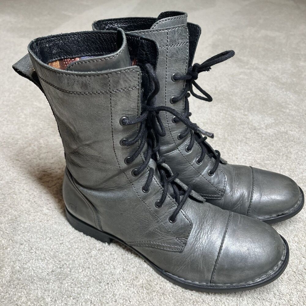 Born Metallic Gray Leather Lace Up Combat Boots Womens 7.5 Cap Toe Grunge Goth